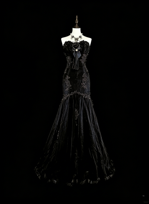 Vintage 1980s Mermaid Sweetheart Black Tulle With Appliques Sleeveless Long Prom Formal Dresses N1599
