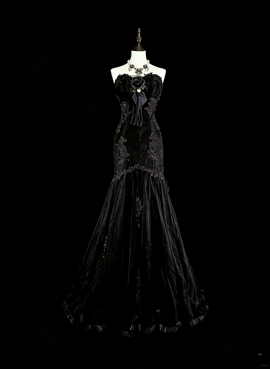 Vintage 1980s Mermaid Sweetheart Black Tulle With Appliques Sleeveless Long Prom Formal Dresses N1599