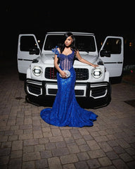 Modest Mermaid Sweetheart Royal Blue Sequins Long Formal Prom Evening Dress Dinner Outfits Party Gowns For Teens Girls AB2110