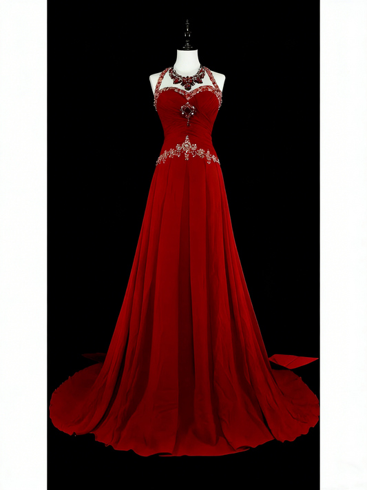 Vintage 1760s A Line Halter Red With Back Bow-knot Sleeveless Pleated Long Prom Dresses N1587