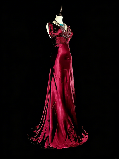 Vintage Mermaid V Neck Dark Red Burgundy Satin With Beadings Long Prom Gown Party Wear Fashion Dresses N1829