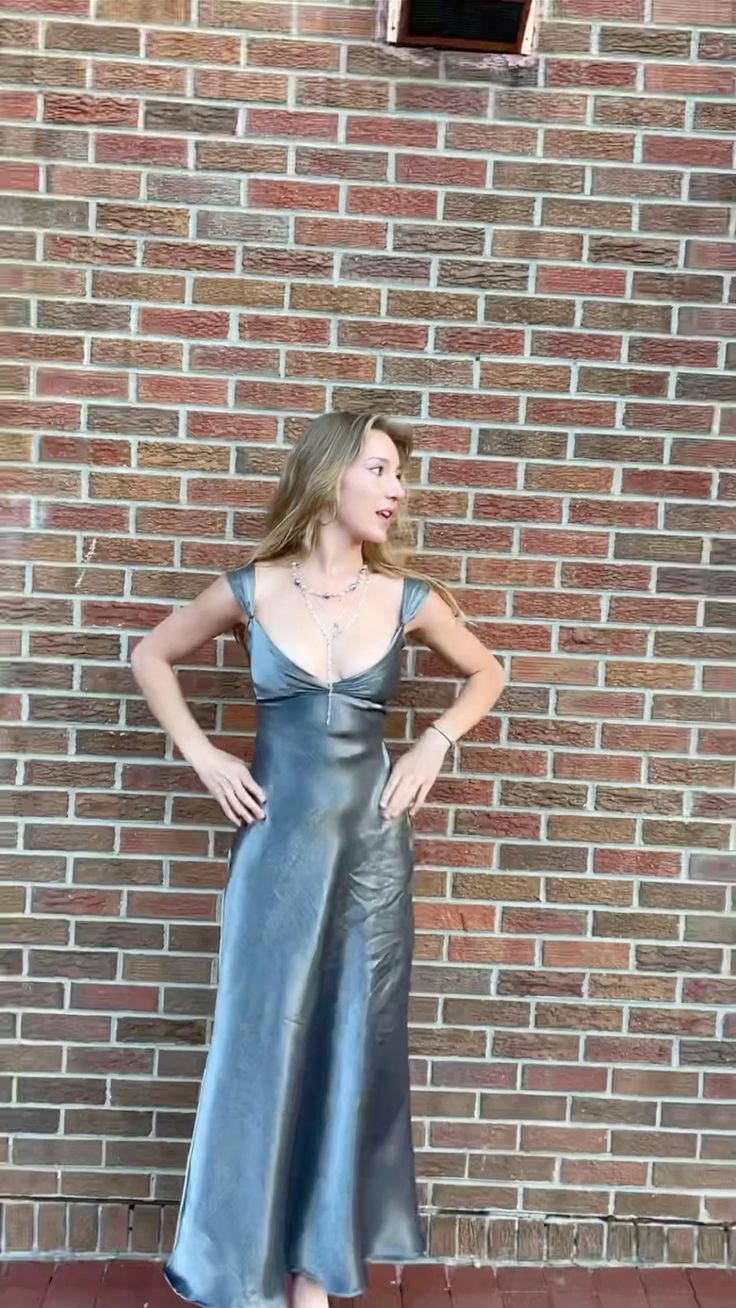 Vintage A Line Grey With V Neck Satin Formal Dress Prom Dresses N2795