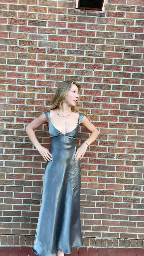 Vintage A Line Grey With V Neck Satin Formal Dress Prom Dresses N2795
