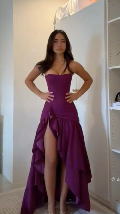 Classy High Low Strapless Grape Satin Slit Prom Dresses Party Dress Long Evening Dresses AB2148