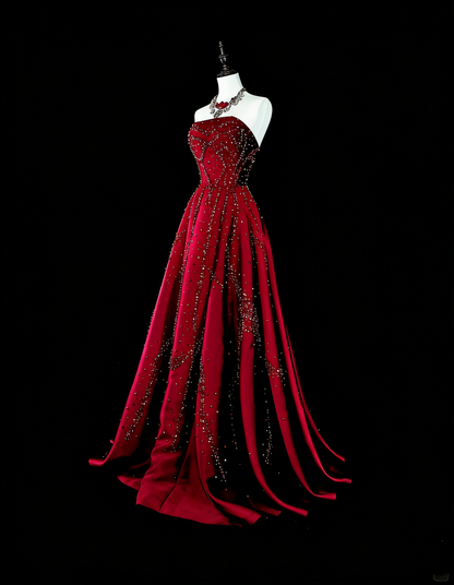 Vintage 1780s A line Strapless Dark Redd Sleeveless With Beadings Long Prom Dresses N1600