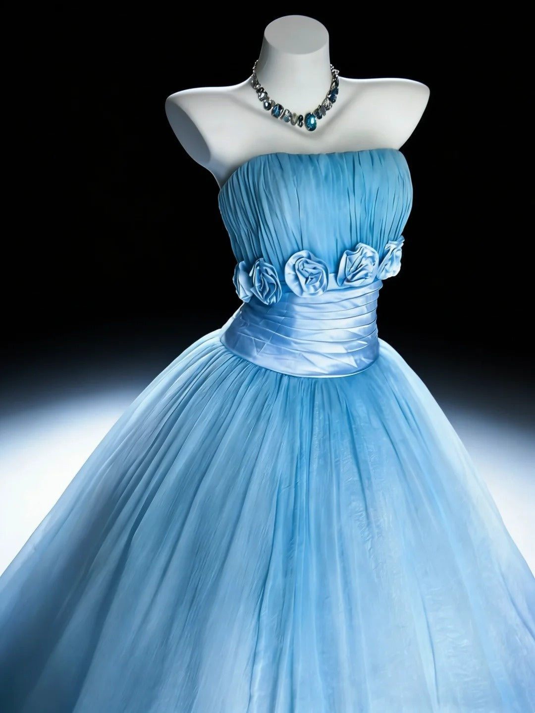 Modest Prom Dresses Ball Gown Strapless Blue Tulle With Ruffled Flowers Long Quince Dress N3051