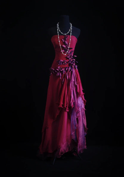 Beautiful Prom Dresses A line Strapless Hot Pink Chiffon Long Evening Outfits N3436