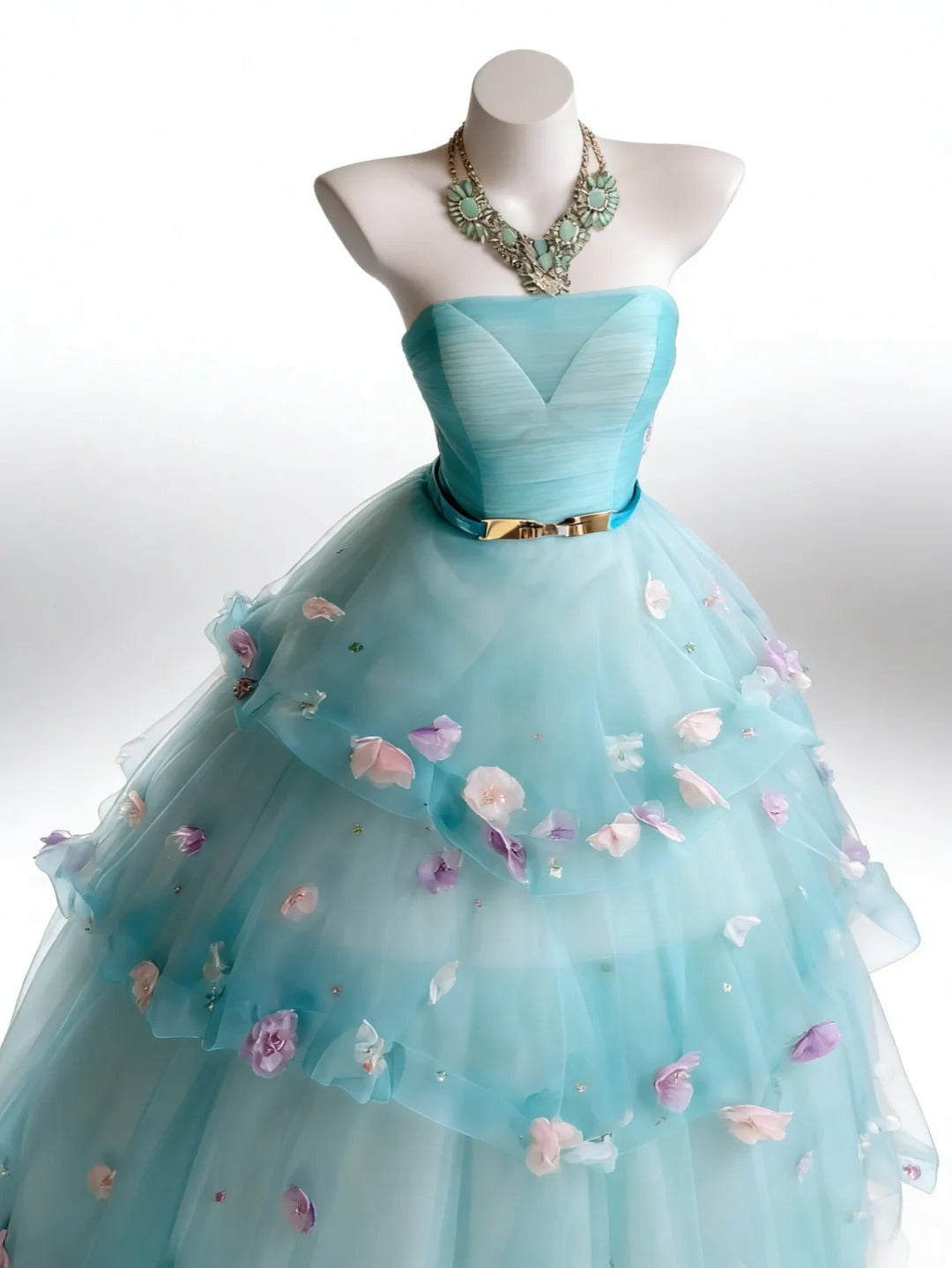 Modest Prom Dresses Ball Gown Strapless Light Sky Blue Tulle With Flowers Long Quince Dress N2969