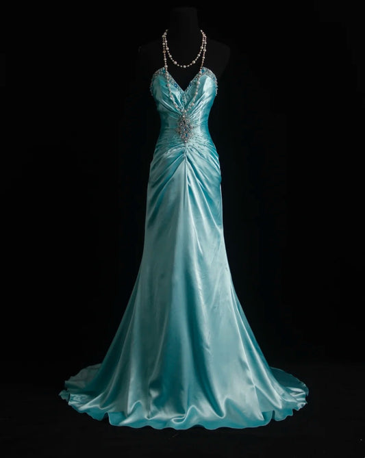 Vintage Mermaid Sweetheart Blue Satin Sleeveless Summer Formal For Women Girls Teens Prom Dresses N2247