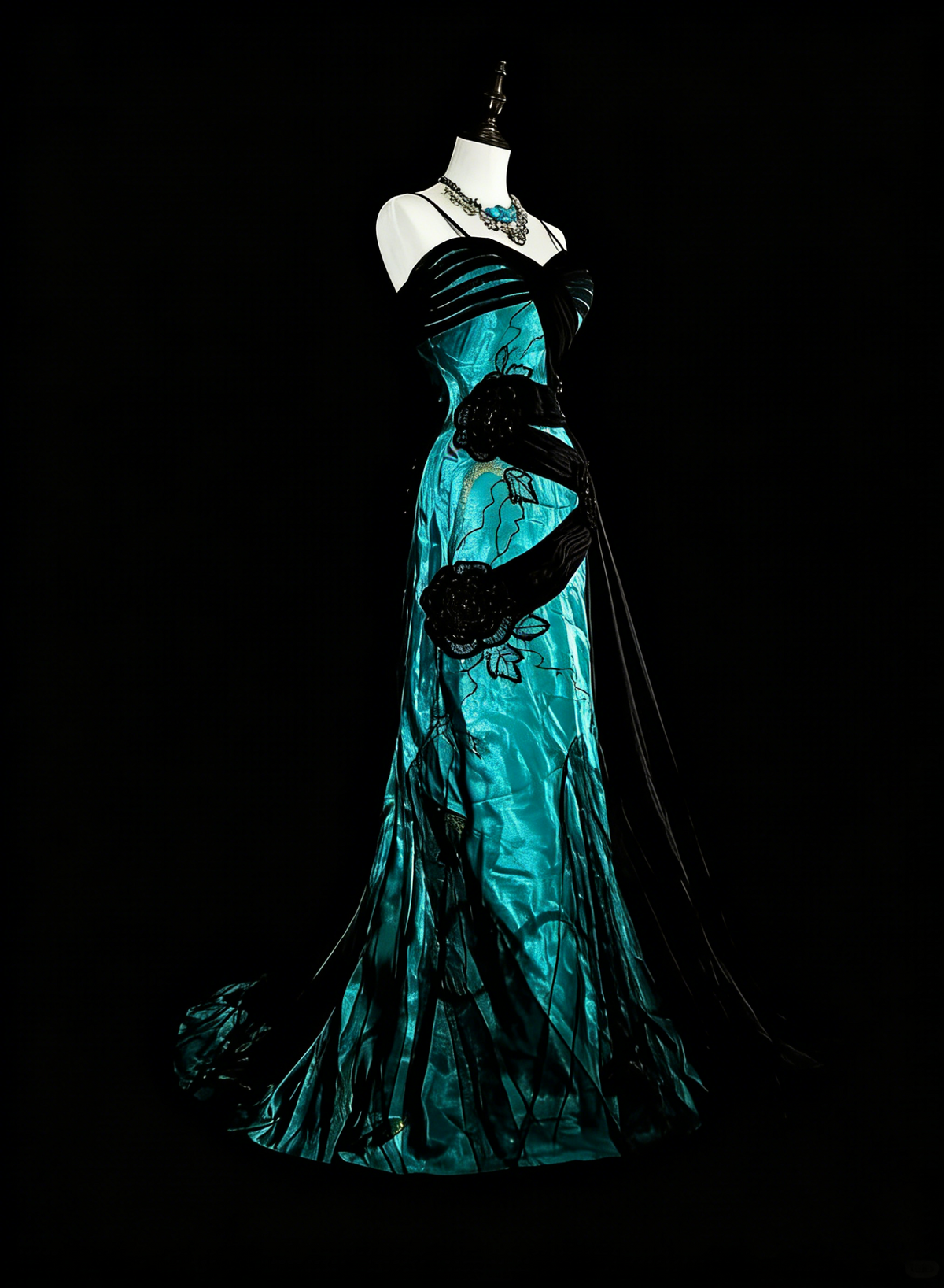 Vintage 1960s Mermaid Spaghetti Strap Black Tulle Green Satin Sleeveless Long Prom Formal Dresses N1585