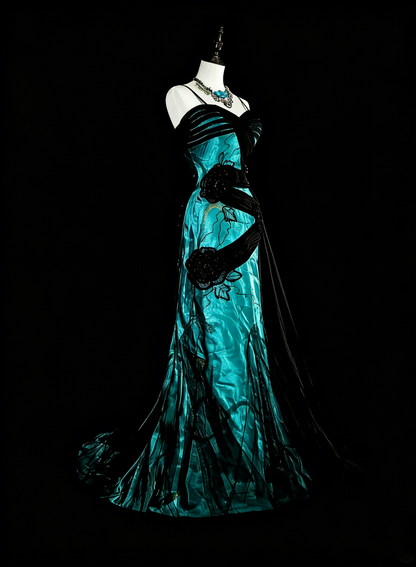 Vintage 1960s Mermaid Spaghetti Strap Black Tulle Green Satin Sleeveless Long Prom Formal Dresses N1585