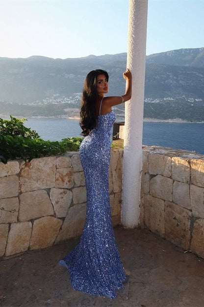 Dazzling Steel Blue Spaghetti-Strap Sequins Prom Dresses Mermaid Sleeveless Side Slit Online AB1665