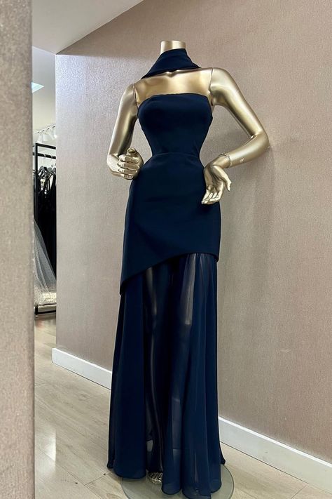 Charming Dark Navy Strapless Sleeveless Stain Prom Dresses Sheath Long On Sale AB1930