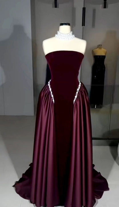 Elegant A line Strapless Burgundy Velvet With Beads Winter Long Formal Ideas Prom Evening Dress Dinner Outfits Party Gowns For Women AB2091