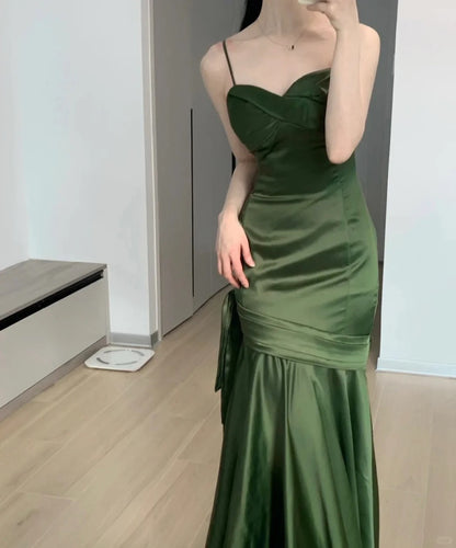 Stunning Chic Mermaid Spaghetti Strap Dark Green Satin With Pleated Formal Dress Long Prom Dresses N2823