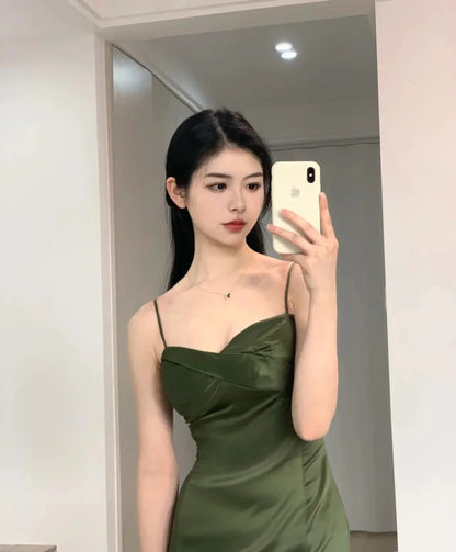 Stunning Chic Mermaid Spaghetti Strap Dark Green Satin With Pleated Formal Dress Long Prom Dresses N2823