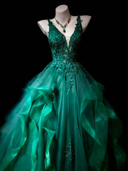 Modest Prom Dresses Ball Gown V Neck Dark Green Tulle With Appliqued Long Quince Dress N3057
