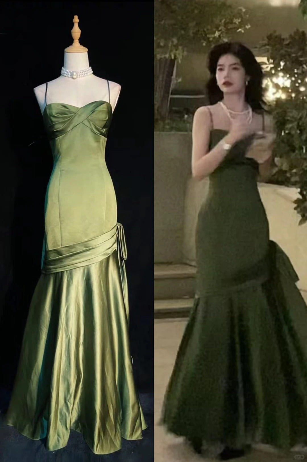 Stunning Chic Mermaid Spaghetti Strap Dark Green Satin With Pleated Formal Dress Long Prom Dresses N2823
