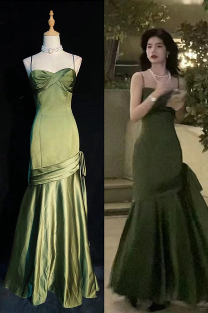 Stunning Chic Mermaid Spaghetti Strap Dark Green Satin With Pleated Formal Dress Long Prom Dresses N2823