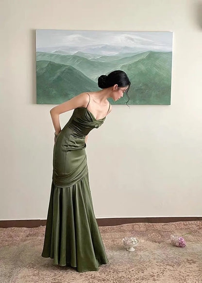 Stunning Chic Mermaid Spaghetti Strap Dark Green Satin With Pleated Formal Dress Long Prom Dresses N2823