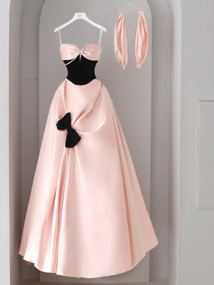 Elegant Prom Dresses Ball Gown Strapless Blush Pink Satin With Pleated Bow-knot Long Formal Gown N2923