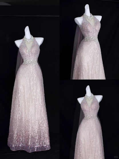 Elegant A Line Halter Blush Pink With Beading Formal Dress Sequin Birthday Prom Dresses N2829