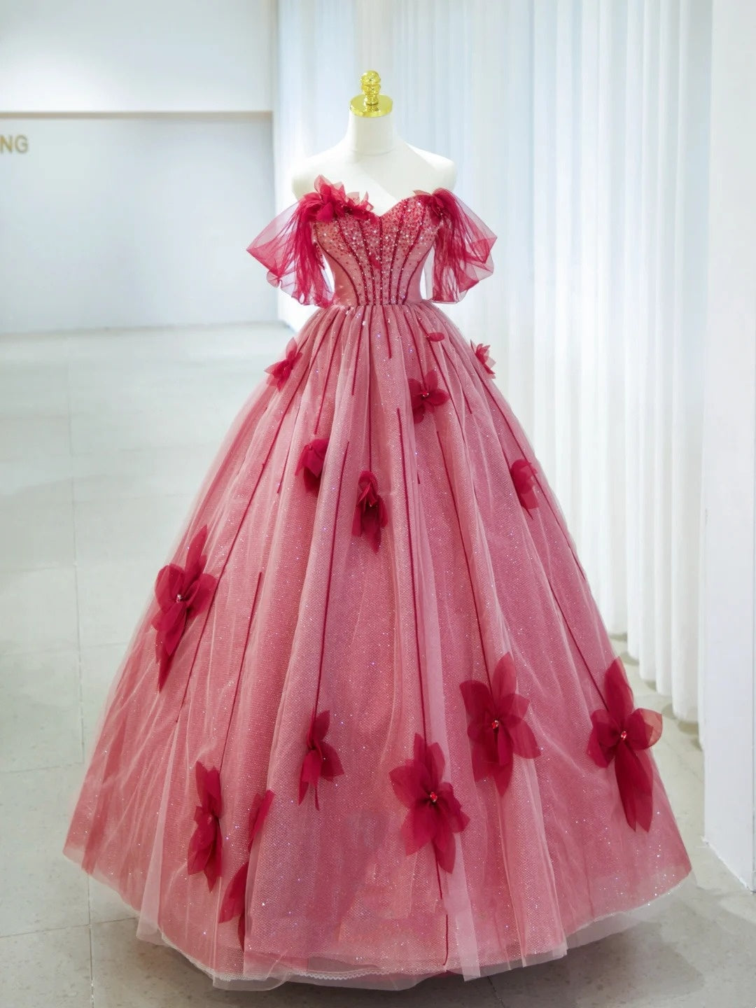 Pretty Prom Dresses Ball Gown Off The Shoulder Red Tulle With Flowers Long Formal Gown N2937