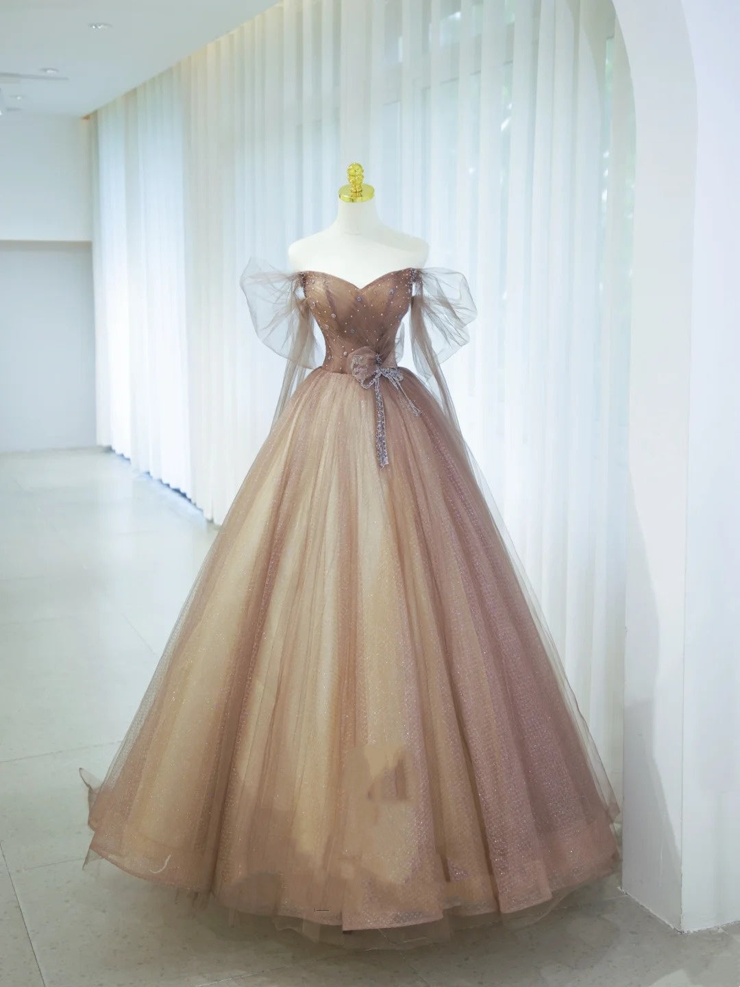 Elegant Ball Gown Off The Shoulder Tulle Long Formal Dress 18th Birthday Prom Dresses N2852