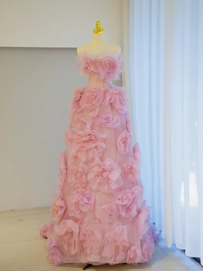 Elegant Ball Gown Strapless Pink Tulle Long Formal Dress 18th Birthday Prom Dresses N2849