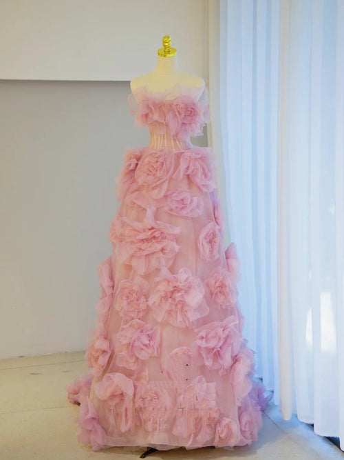 Elegant Ball Gown Strapless Pink Tulle Long Formal Dress 18th Birthday Prom Dresses N2849