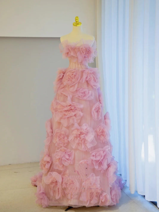 Elegant Ball Gown Strapless Pink Tulle Long Formal Dress 18th Birthday Prom Dresses N2849