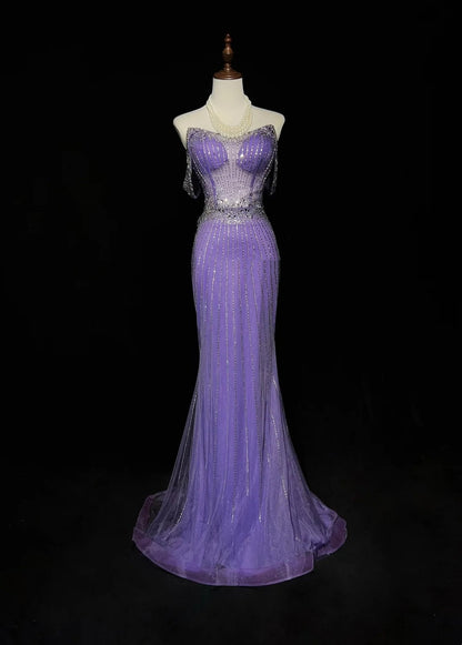 Glitter Prom Dresses Mermaid Sweetheart Lilac Tulle With Beading Backless Long Formal Evening Dress N3888