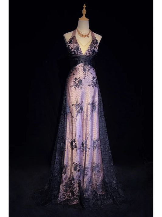Vintage Prom Dresses Inspo A line Halter Pink Satin Black Lace With Backless For Women Formal Dress N3254