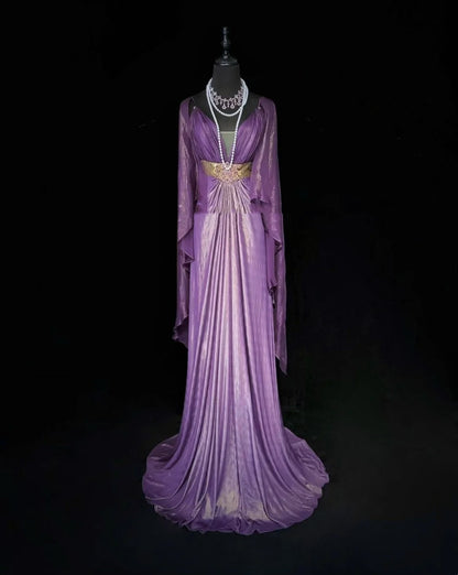 Charming Prom Dresses A line Spaghetti Strap Purple Chiffon With Cape Long Formal Evening Dress N3897