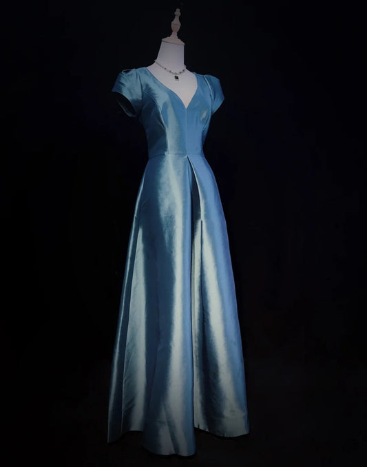 Beautiful Prom Dresses A Line V Neck Blue Satin With Ruffle Sleeves Long Evening Outfits N3336