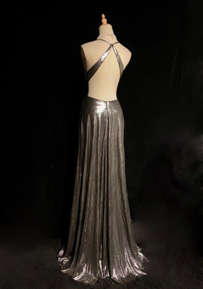 Vintage Prom Dresses 80s A Line Halter V Neck Backless Floor Length Evening Outfits N3460