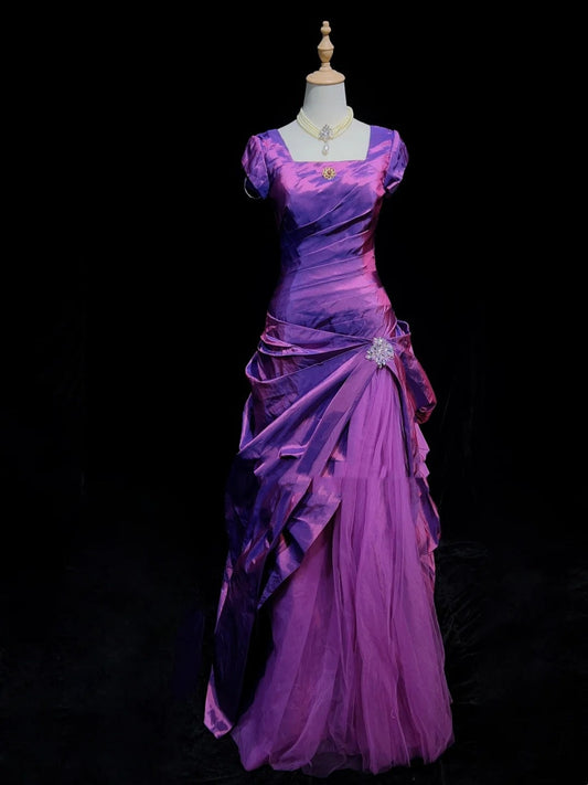 Vintage Prom Dresses Inspo Mermaid 90s Square Neck Short Sleeves Purple With Ruffled For Women Formal Dress N3279