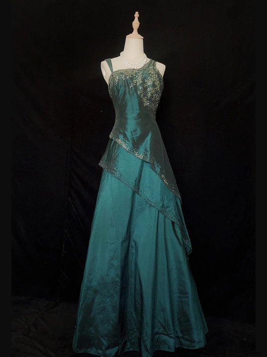 Modest Prom Dresses Inspo A Line Spaghetti Strap Dark Green With Beaded Crystals Long Formal Gowns N3410