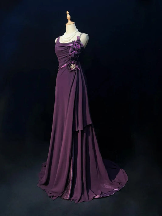 Elegant Prom Dresses A line Purple Chiffon Ruffled Floor Length Formal Evening Outfits N3488