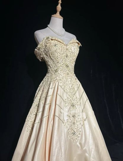 Vintage Prom Dresses 80s Ball Gown Off The Shoulder Champagne With Beading Evening Outfits N3468