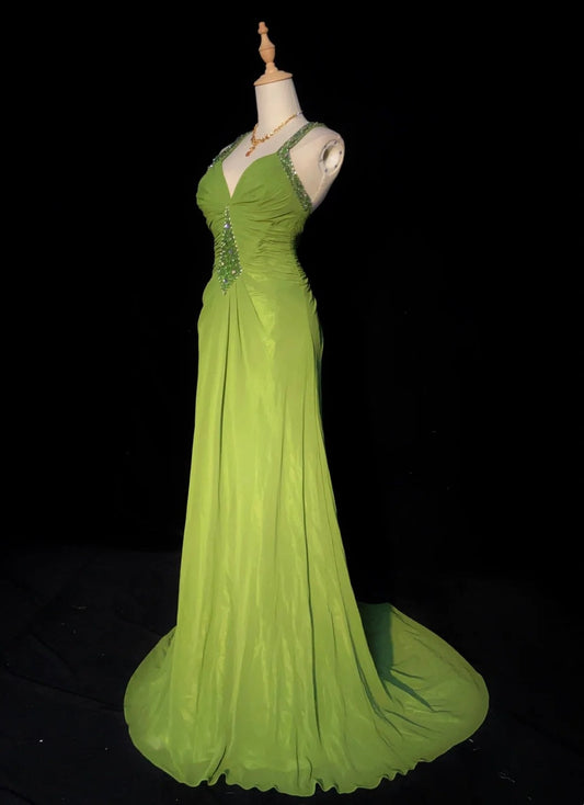 Modest Prom Dresses Mermaid Halter Olive Green With Beading Long Evening Outfits N3457