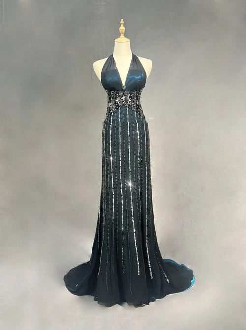 Vintage Prom Dresses 1980s Mermaid Halter Black Chiffon With Beaded Long Prom Gown N3122