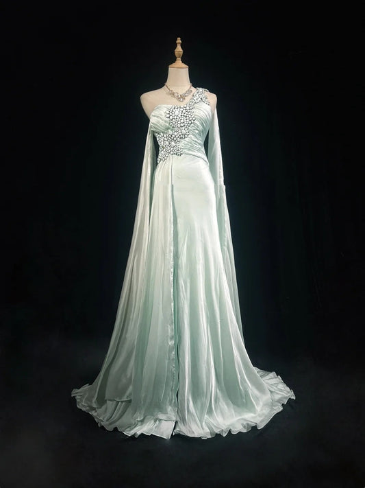 Beautiful Prom Dresses A line One Shoulder Light Green Chiffon With Crystals Long Formal Evening Outfits N3678