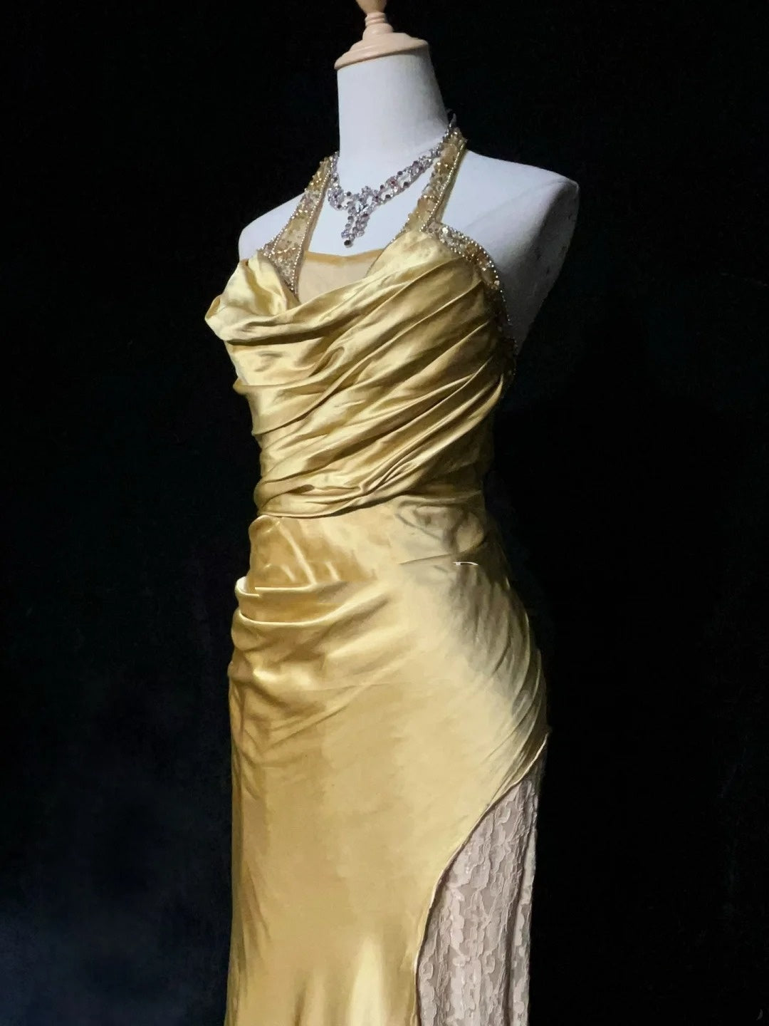 Modest Prom Dresses Mermaid Halter Gold Satin With Beading Lace Long Formal Evening Dress N3865