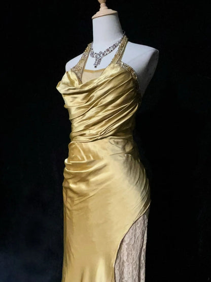 Modest Prom Dresses Mermaid Halter Gold Satin With Beading Lace Long Formal Evening Dress N3865