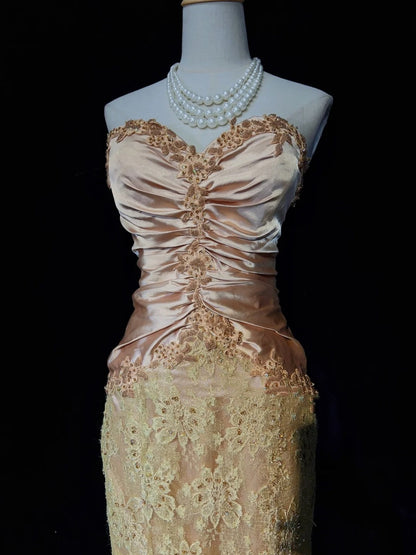 Glamour Prom Dresses Mermaid Strapless Blush Pink Satin Gold Lace With Beading Formal Evening Outfits N3835