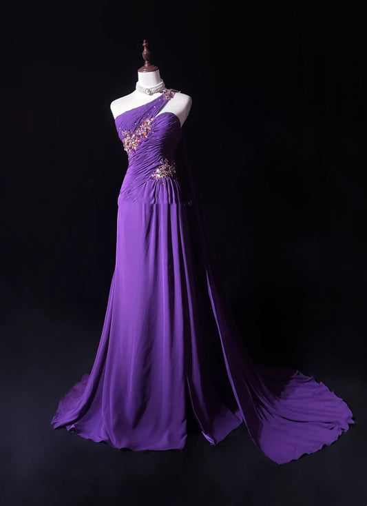 Vintage Prom Dresses A line One Shoulder Purple Chiffon 80s With Beaded Long Formal Evening Outfits N3889