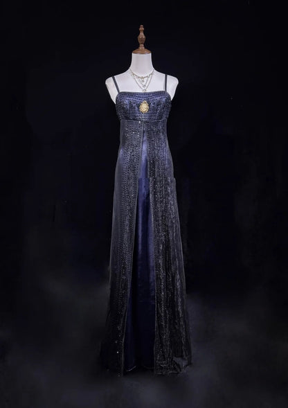 Vintage Prom Dresses A line Spaghetti Strap Navy Blue Tulle 80s With Beading Long Formal Evening Outfits N3871