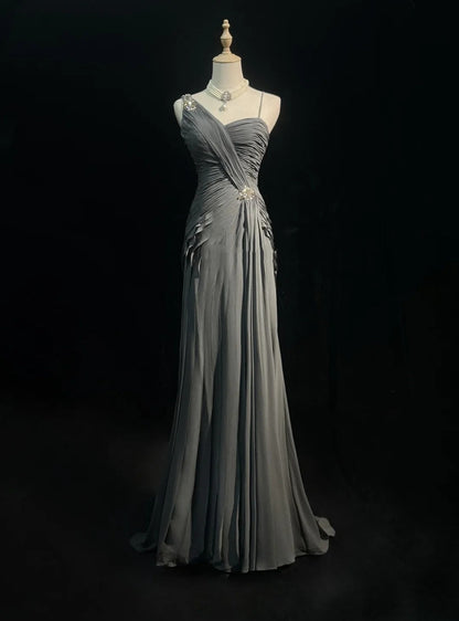 Simple Prom Dresses Mermaid Spaghetti Strap Grey Chiffon Floor Length Ruffled Formal Evening Dress N3685
