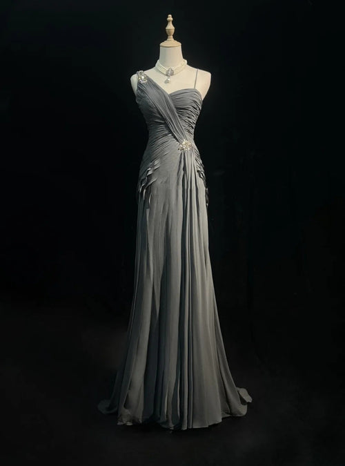 Simple Prom Dresses Mermaid Spaghetti Strap Grey Chiffon Floor Length Ruffled Formal Evening Dress N3685